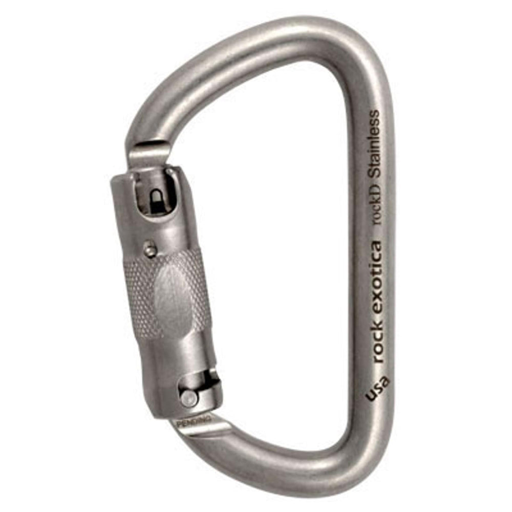 Rock Exotica Rock-D Auto-Lock steel carabiner for rugged climbing with corrosion resistance.