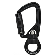 Rock Exotica SwivaEye carabiner with integrated swivel for smooth rotations in climbing and rigging.