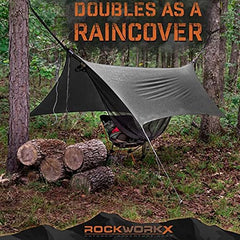 ROCKWORKX weather shade hammock provides sun protection during outdoor use