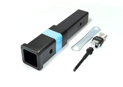 RockyMounts 8-inch LS hitch extension installed on vehicle demonstrates flat-fold rack compatibility.