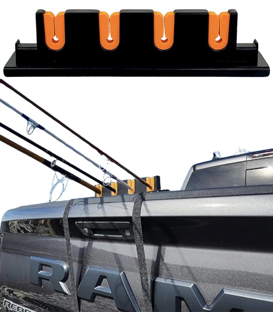 Rod Hauler mounted on a pickup tailgate securing four fishing rods