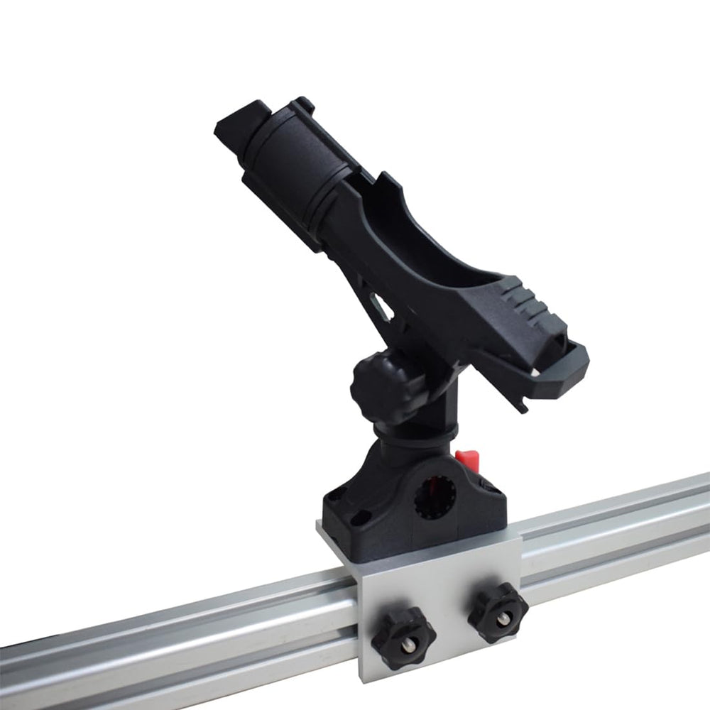 Aluminum rod holder base for 90-degree boat track side-mount