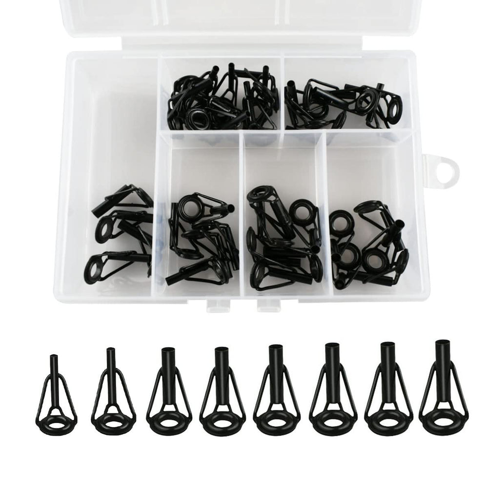 40-piece black stainless steel rod tip repair kit with ceramic rings laid out showing 8 sizes