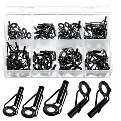 50 piece rod tip repair kit in black box packaging with stainless steel frame and ceramic rings