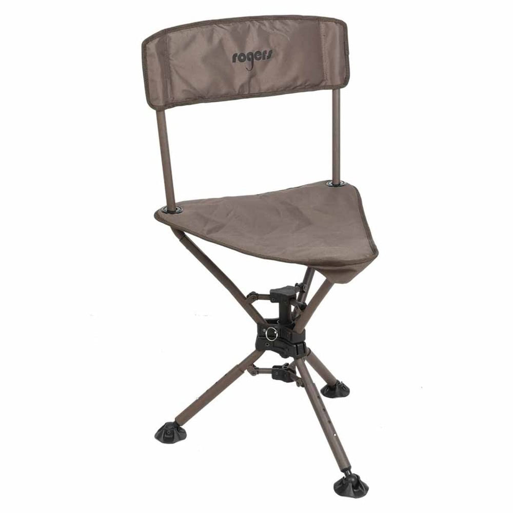 Rogers Tough Hunter 360 swivel chair in brown, side view on uneven terrain for stability