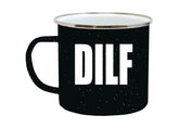 Rogue River Tactical DILF camp mug with enamel finish, ideal for hot coffee outdoors.