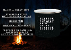 Rogue River Tactical Foxtrot OFF camp mug enamel coating close-up for durable outdoor use