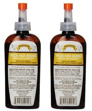 Rooster Booster Pick No More bottle and applicator for effective poultry peck control.