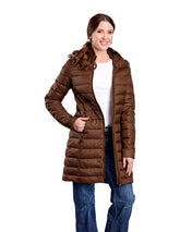 ROPER Women's Brown Long Crushable Jacket front view with zip-front closure and packable warmth.