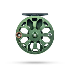 Closeup of Ross Cimarron Fly Reel Matte Olive 4/5WT Made in USA drag knob and frame