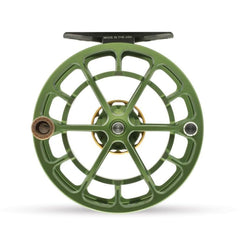 Ross Evolution LTX reel matte olive close up highlighting durable finish and ergonomic handling in wet conditions