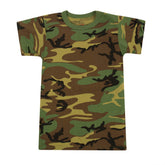 Rothco 7703 kids woodland camo t-shirt front view highlighting durable fabric