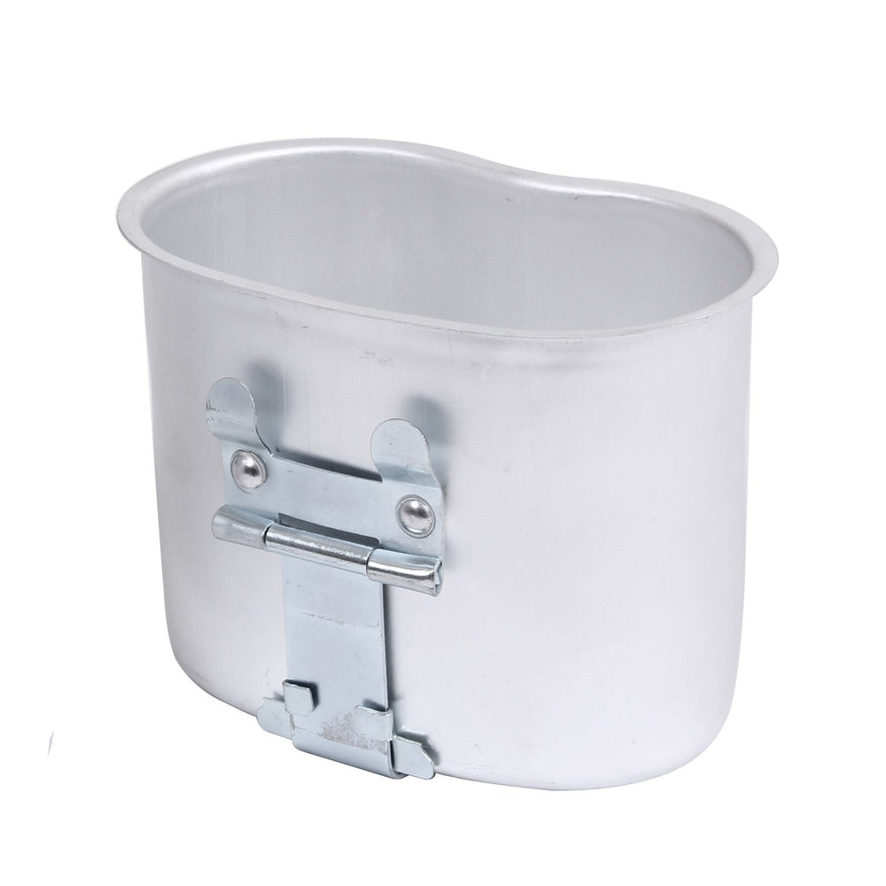 Rothco aluminum canteen cup 18oz with folding handle for camping hydration and cooking.