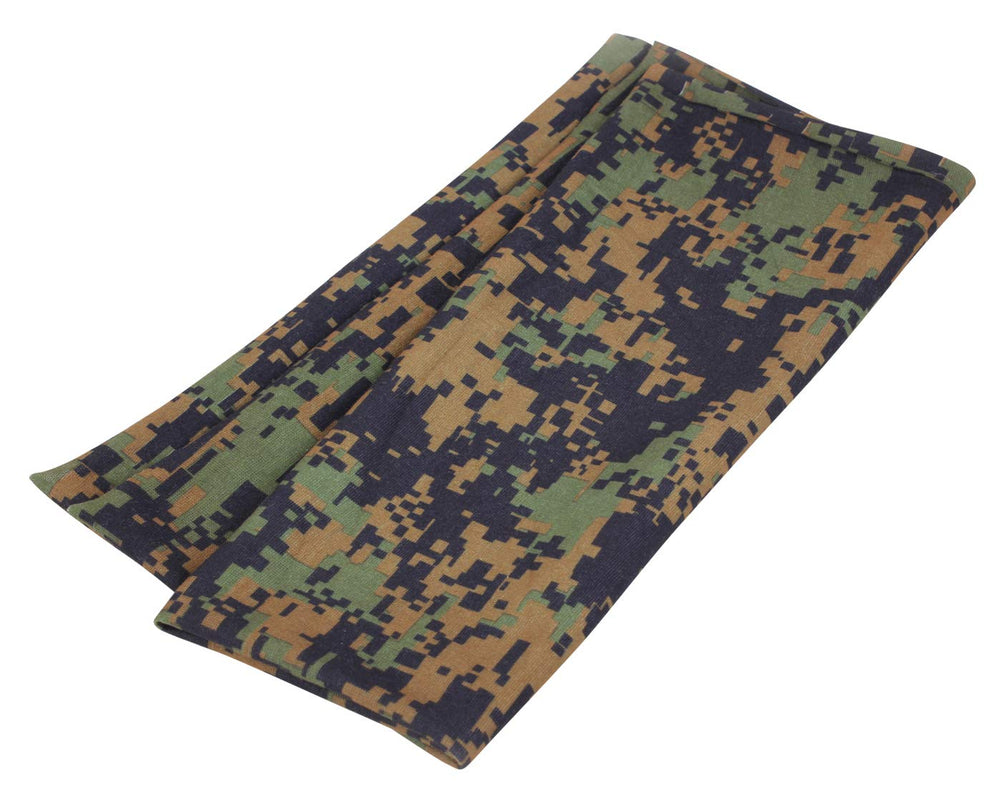 Rothco bandana face covering in woodland digital camo for sun and dust protection during hiking.