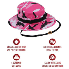 Rothco boonie hat with wide brim shields face from direct sun during hikes.