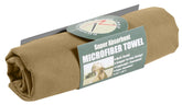 Rothco Coyote Brown microfiber towel rolled for compact travel and quick drying.