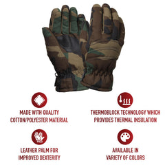 Rothco insulated hunting gloves in woodland camo, palm grip focus, cold-weather durability.