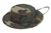 Rothco Vintage Boonie Hat in woodland camo with a wide brim for outdoor sun protection.