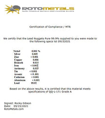 Roto Metals soft lead nuggets, USA-made, ideal for easy melting.