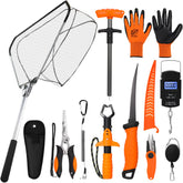 RoundFunny 10-piece fishing tool kit pliers with lanyard and sheath in orange