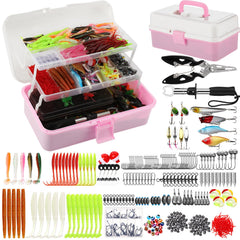 RoundFunny 517pc tackle box pink white with lures for organized fishing trips.