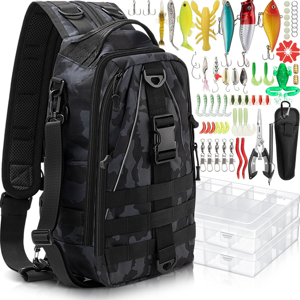 RoundFunny 85-pcs fishing backpack with tackle boxes offers organized storage for a day on the water.