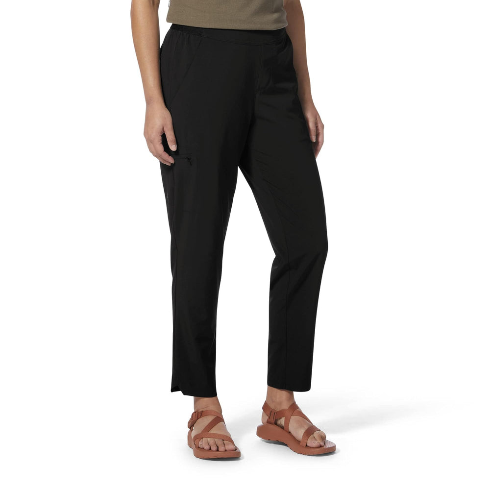 Royal Robbins Spotless Evolution pants jet black front view, emphasizes four-way stretch and stain resistance