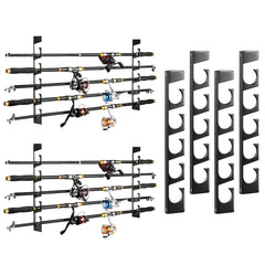 Roylvan fishing rod holder mounted on wall showing a 4-pack rack holding up to 10 rods