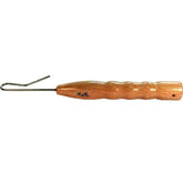 R&R Tackle MDH dehooker, front view; wooden handle and stainless hook for safe bait release.