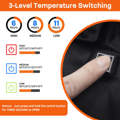 Rrtizan heated hand warmer pouch heat levels close-up displaying three warmth settings.
