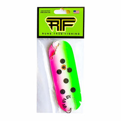 RTF Dakota Dodger 4.5 Watermelon UV dodger, front view, attracts kokanee and trout
