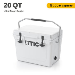 RTIC 20QT Ultra-Tough cooler with lid open ready to store drinks on the go