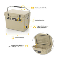 RTIC 20 QT Ultra-Tough cooler on the beach, keeps drinks cold under sun.