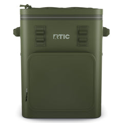 RTIC 24-Can Ultra-Tough Backpack Cooler Olive, front view, keeps beverages organized for outdoor adventures.
