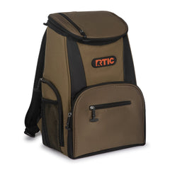 RTIC olive backpack cooler front view showing 15-can capacity for day trips.