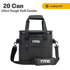 RTIC Soft Cooler 20-Can opened lid shows leak-proof zipper in action.