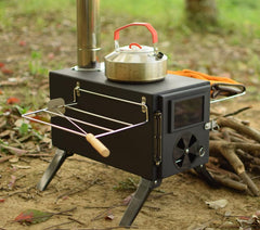 Ruaizel hot tent stove with side shelves for extra utensil storage while camping.