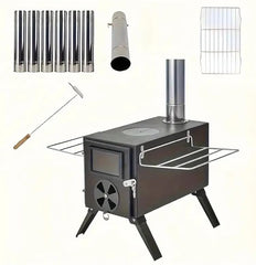 Ruaizel portable wood stove with chimney for versatile camping warmth and cooking.
