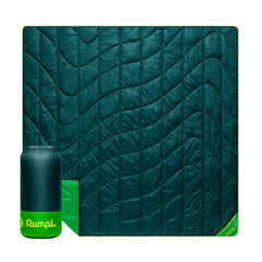 Rumpl Backcountry Puffy Blanket Sea Moss unfolded for two-person warmth