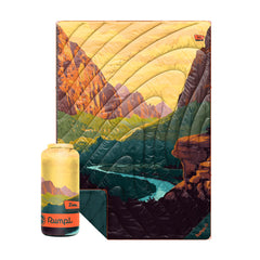Rumpl Original Puffy Zion blanket compact pack demonstrates portable warmth for on-the-go camping.