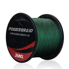 RUNCL PowerBraid spool displays 1000 yards moss green braided line for long casts.