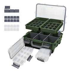 RUNCL universal tackle box front view highlighting large storage for lures and hooks, ideal for organized sessions.
