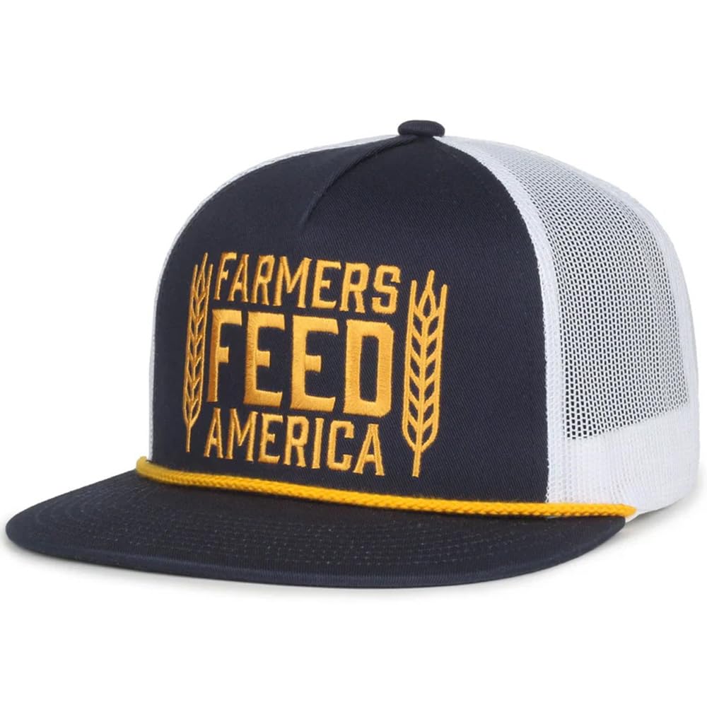 Front view of Rural Cloth Farmers Feed America hat with embroidered patch