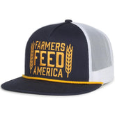 Front view of Rural Cloth Farmers Feed America hat with embroidered patch