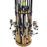 Front view of 24-rod round spinning rod holder with built-in line spooler