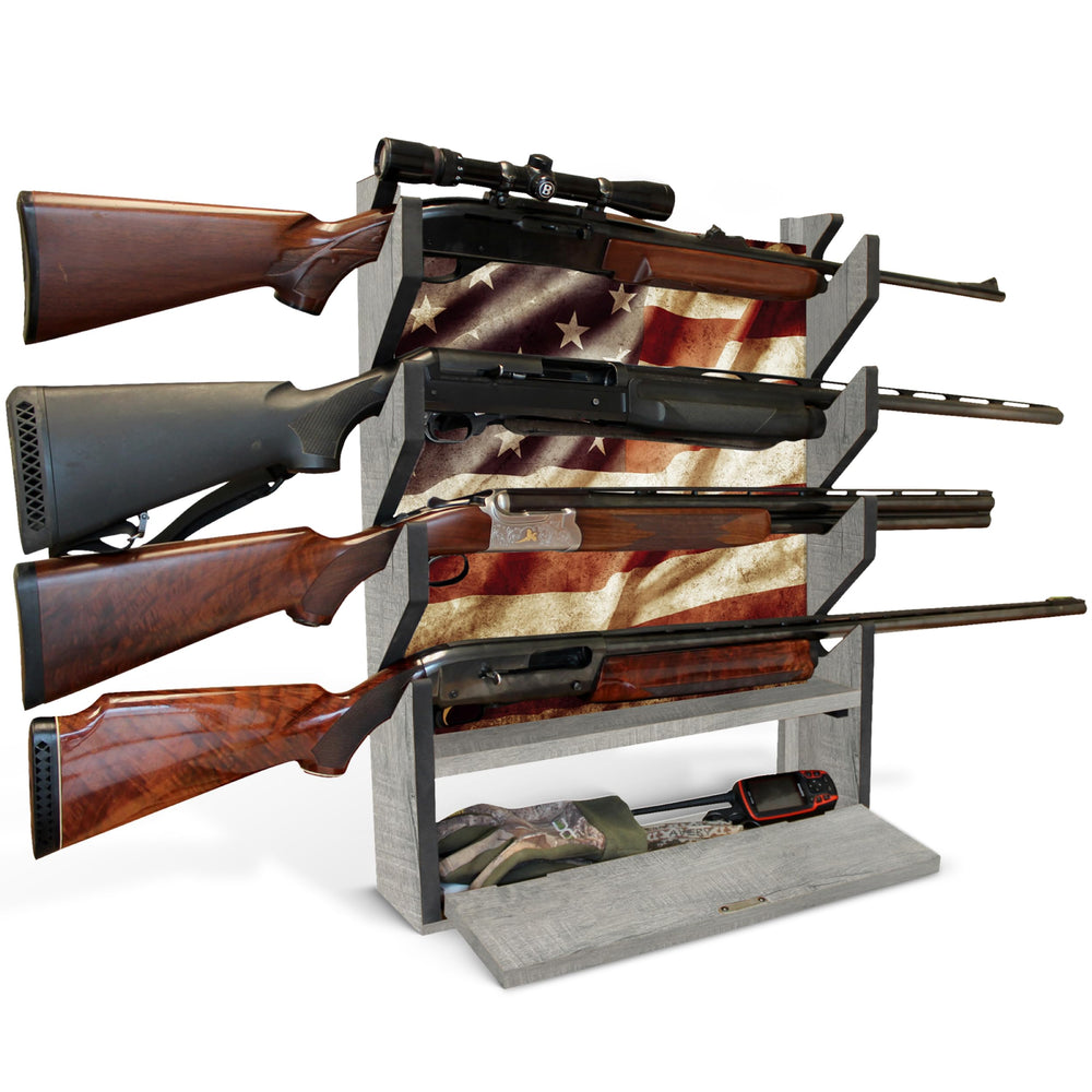 Wall-mounted Rush Creek Creations 4-Gun Wall Rack on a wall with firearms (not included)