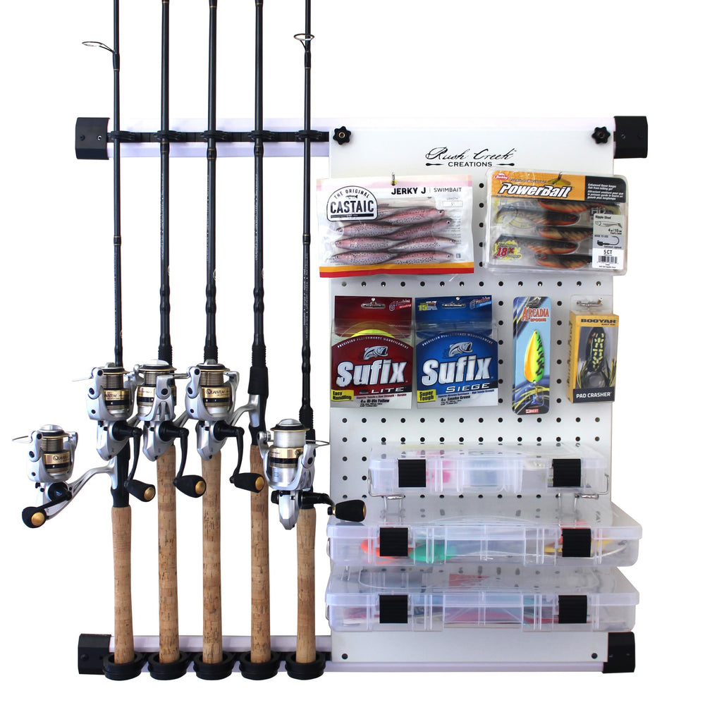Rush Creek Creations No Limit 5-Rod wall-mount white pegboard keeps rods organized and accessible