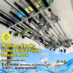Rush Creek Creations Reel Salty ceiling-mounted rod holder keeps gear organized overhead
