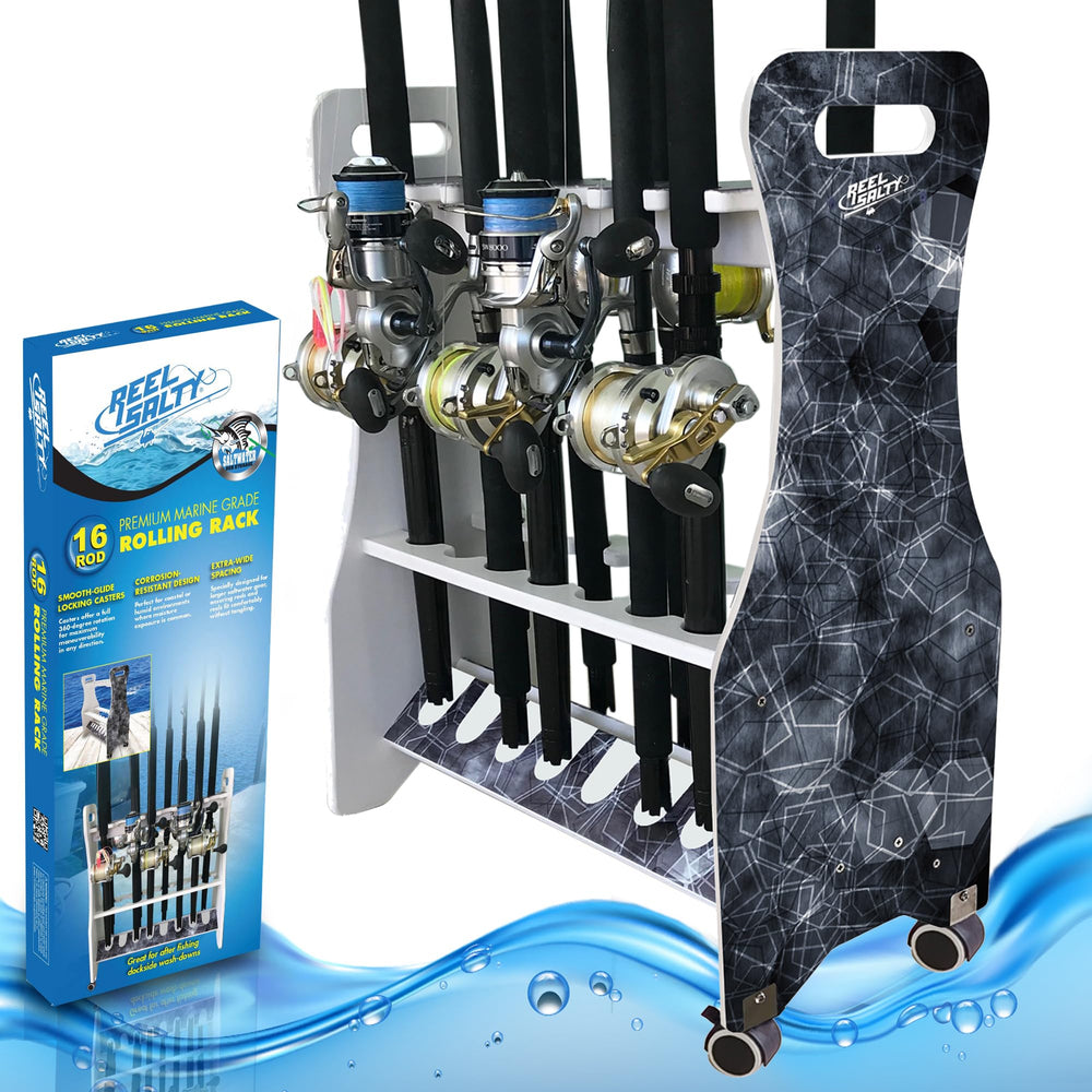Rush Creek Creations Reel Salty rod holder assembly keeps up to 16 poles organized on deck.