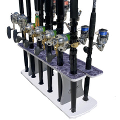 Rush Creek Reel Salty 11-rod rod holder with bi-level design – front view